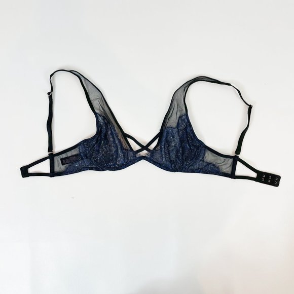 NWOT Victoria's Secret Bra 32C Very Sexy Unlined Plunge Black Blue Lace Shimmer - Picture 5 of 10